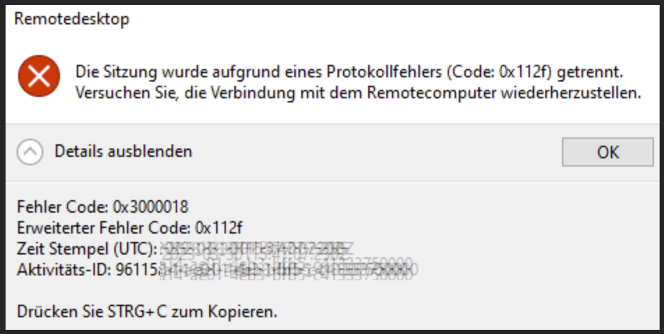 Azure Virtual Desktop - Login error Protocol Error Code 0x112f - Windows 11