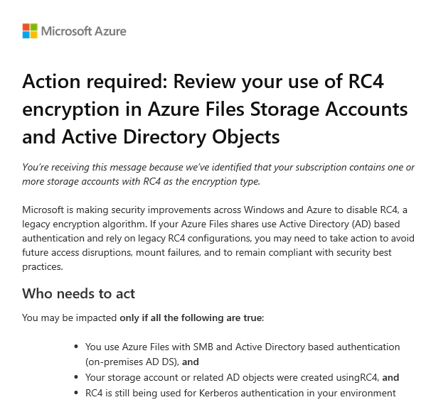Microsoft mail about deprecation