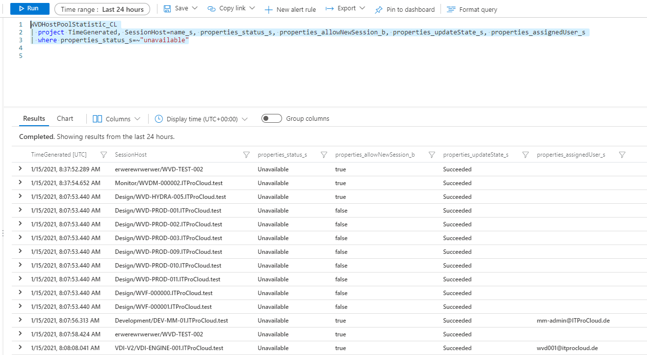 Push Windows Virtual Desktop (WVD) Session Host state to Log Analytics to create alerts if hosts become unavailable or failed